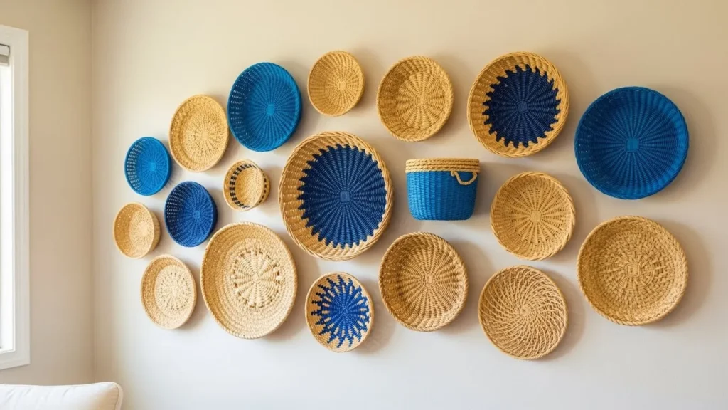Basket wall with blue accent DIY decor