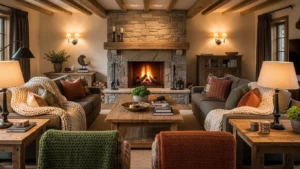 Rustic home decor living room with natural wood, warm textures, and cozy timeless design