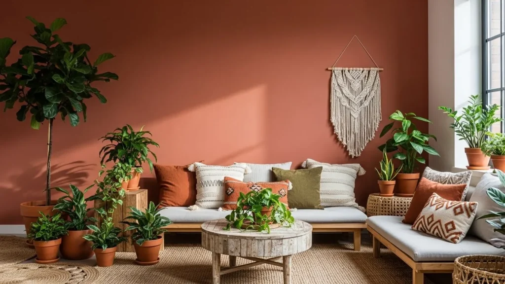 Terracotta accent wall with earthy home decor