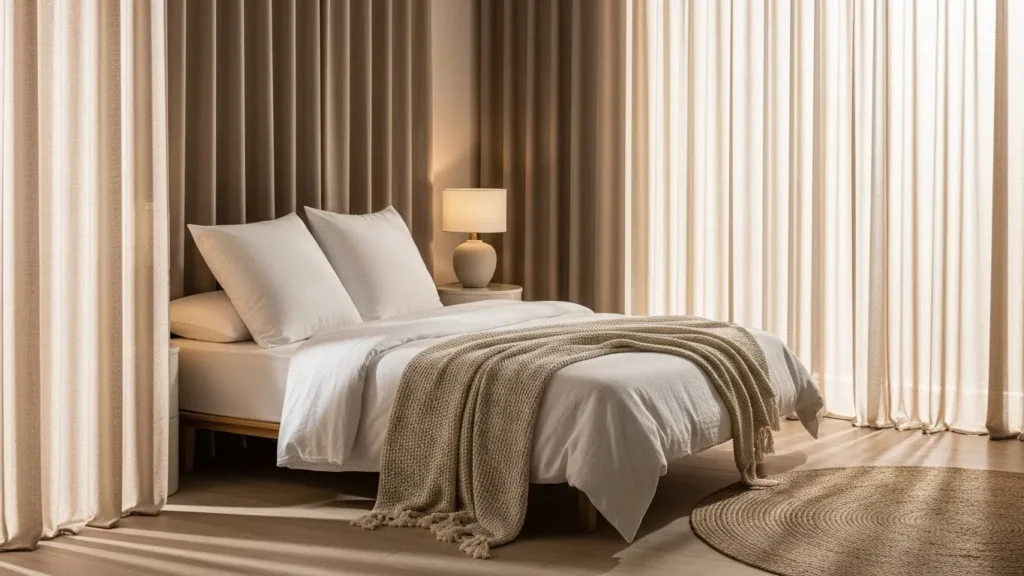 Cozy bedroom featuring floor-length soft curtains for warmth and light