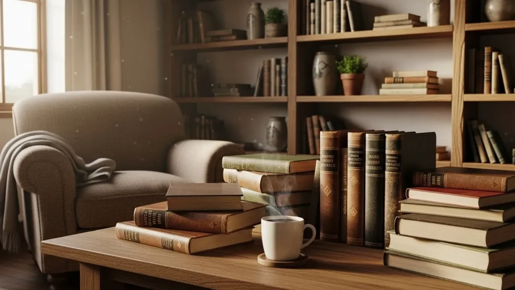 Vintage home decor featuring stacked books for a cozy, lived-in feel
