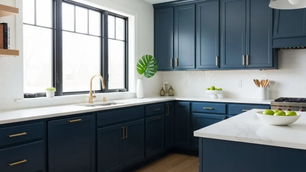 Modern kitchen with navy blue cabinets and white countertops
