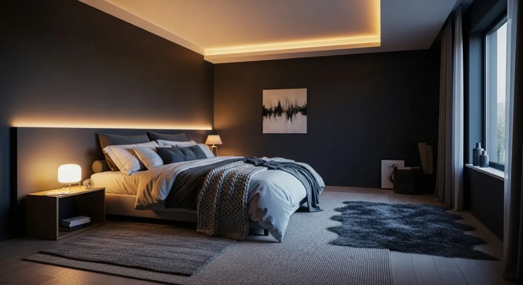 Dark cozy bedroom with deep charcoal walls