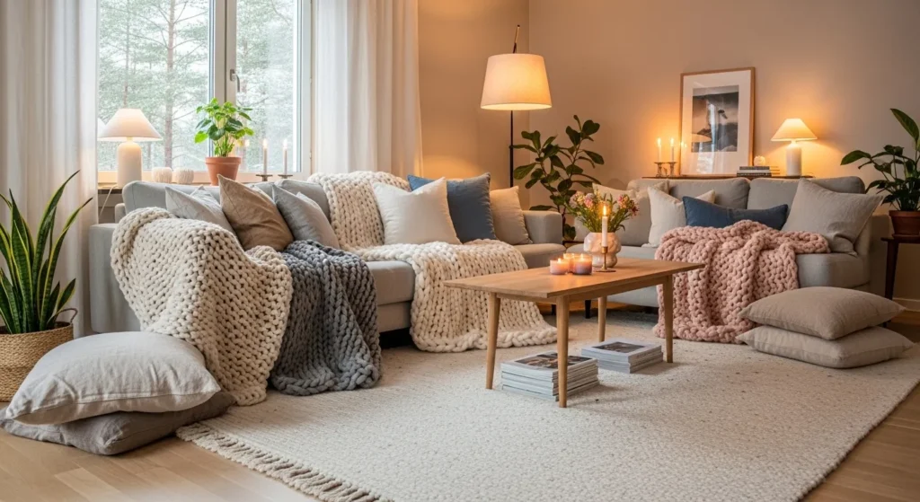 Cozy Scandinavian living room with layered textures and throws