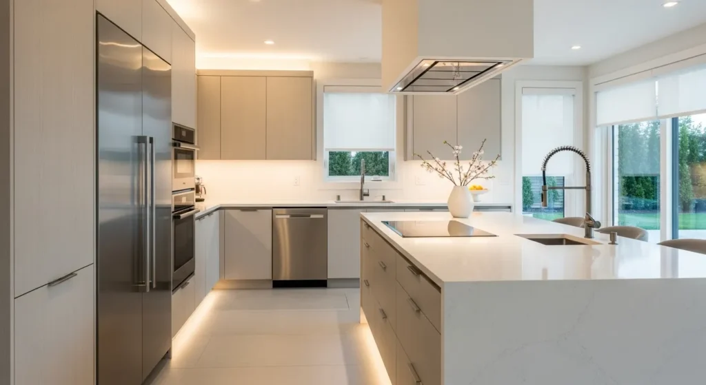 Beige kitchen cabinets with white quartz countertops