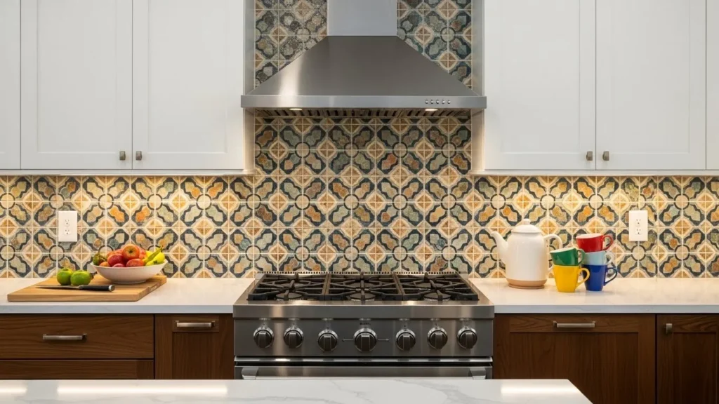 "Patterned cement tile backsplash adding statement style"