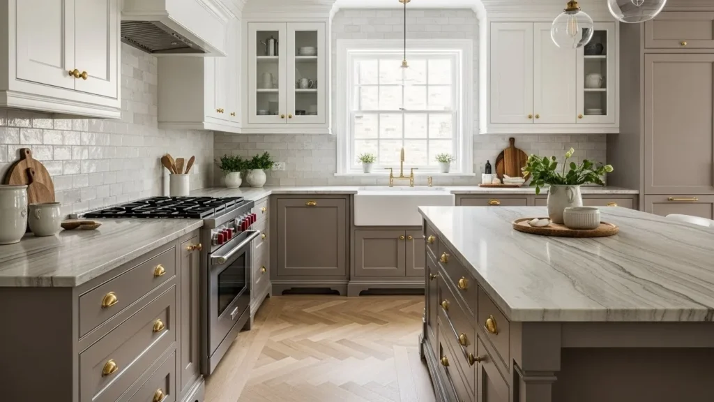 Taupe and white two tone kitchen cabinets