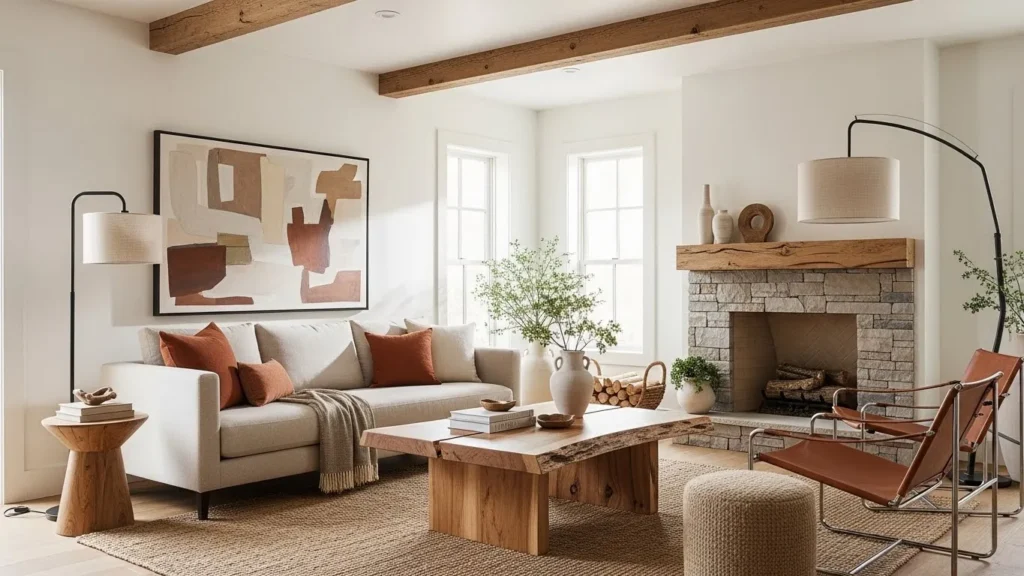 Modern rustic living room with neutral color palette and warm natural tones
