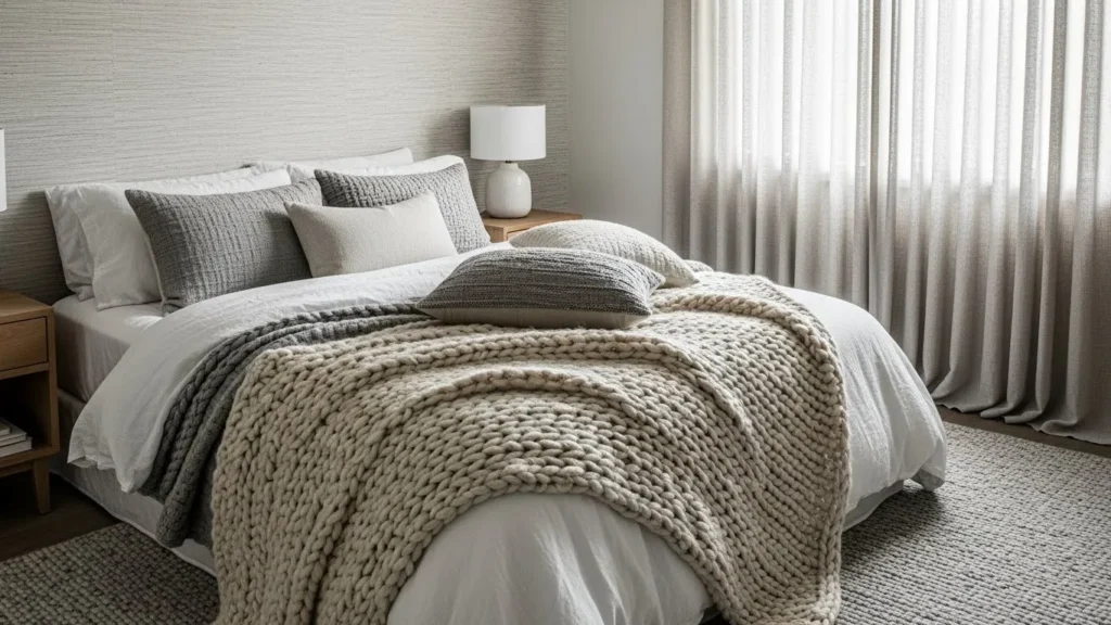 Bedroom with layered textures: knit throw, wool rug, and linen curtains