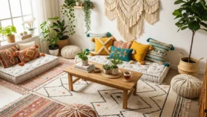 Cozy and stylish boho living room with layered rugs, earthy tones, throw pillows, plants, and macramé wall decor