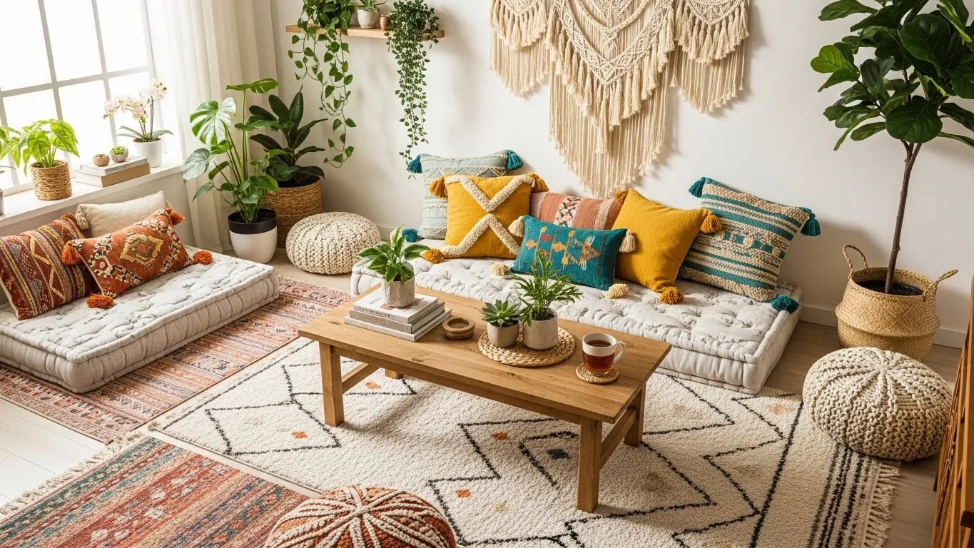 Cozy and stylish boho living room with layered rugs, earthy tones, throw pillows, plants, and macramé wall decor