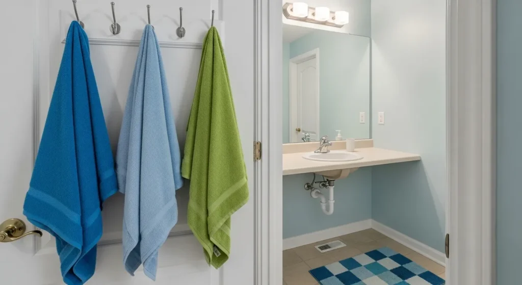 Wall hooks for towels in boys bathroom