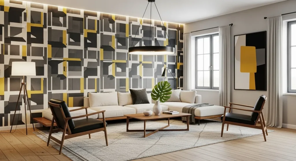 Wallpaper feature wall in modern living room