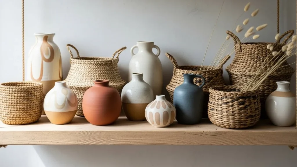 Handmade ceramics and woven decor in modern organic interior