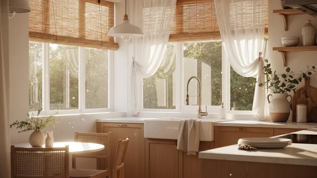 Kitchen window with bamboo blinds and curtains