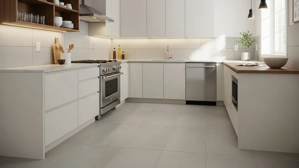Large tiles reducing visual clutter in a small kitchen