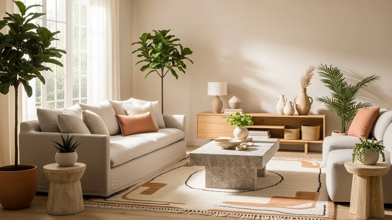 Modern organic decor living room with natural textures, warm neutral tones, and minimalist modern design