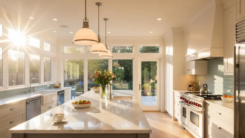 Kitchen design with natural and artificial lighting