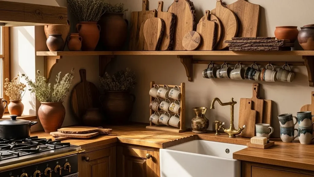 Earthy kitchen decorated with handmade wooden and clay accessories
