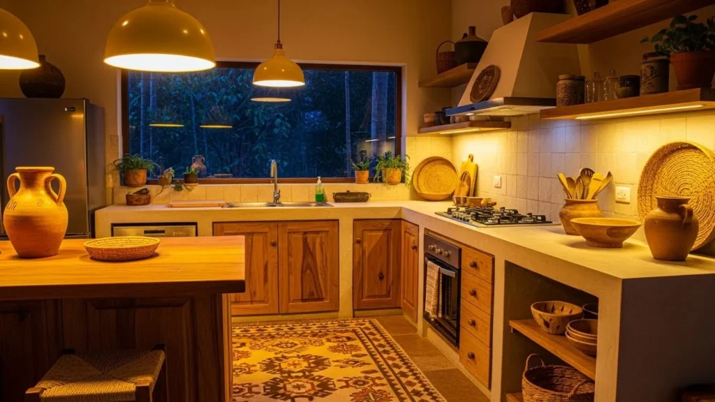 Warmly lit kitchen with pendant lights and wooden cabinets for a cozy earthy interior