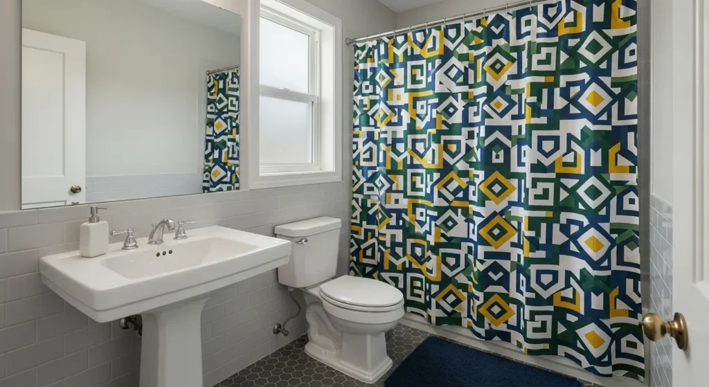 Colorful shower curtain in boys bathroom