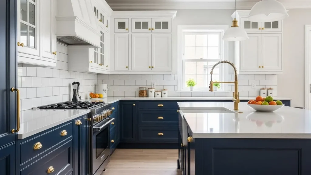 Navy and white two tone kitchen cabinets with gold hardware