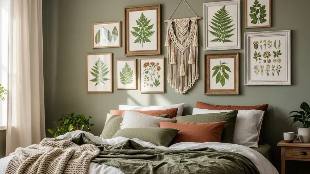 Nature inspired bedroom gallery wall decor