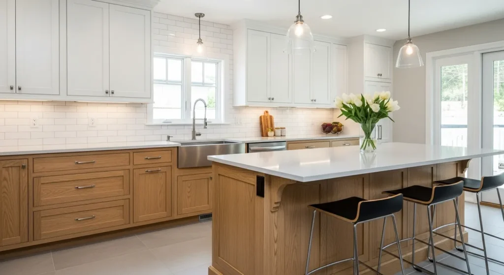 Two-tone kitchen with oak cabinets