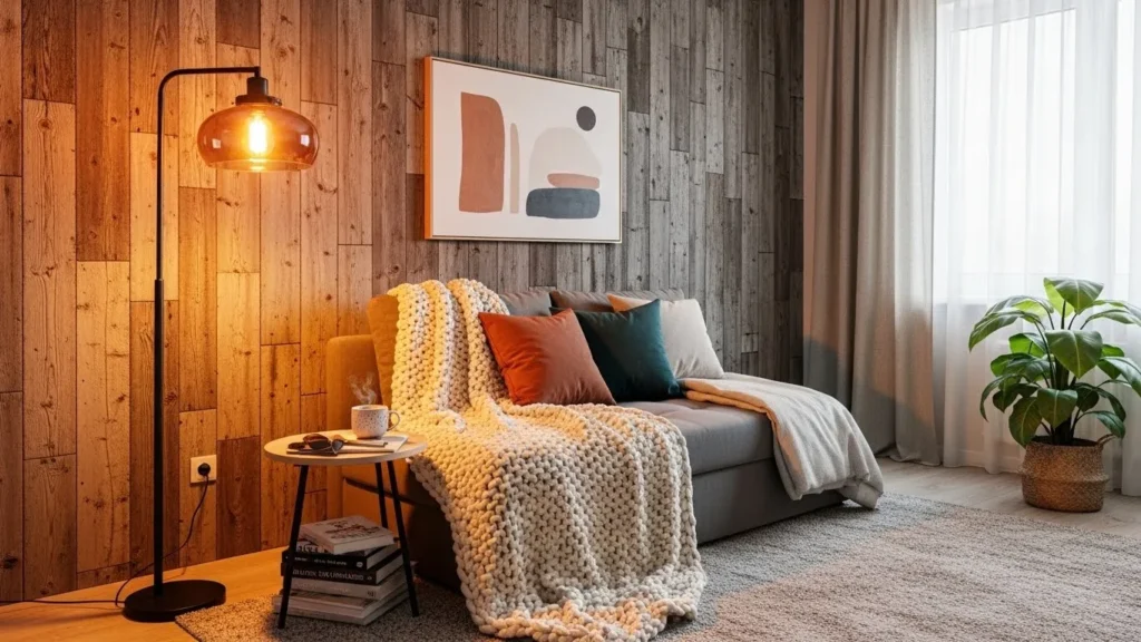 Bedroom couch with accent wall background