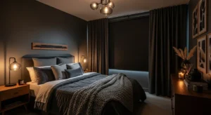 Dark cozy bedroom ideas with warm lighting and layered textures