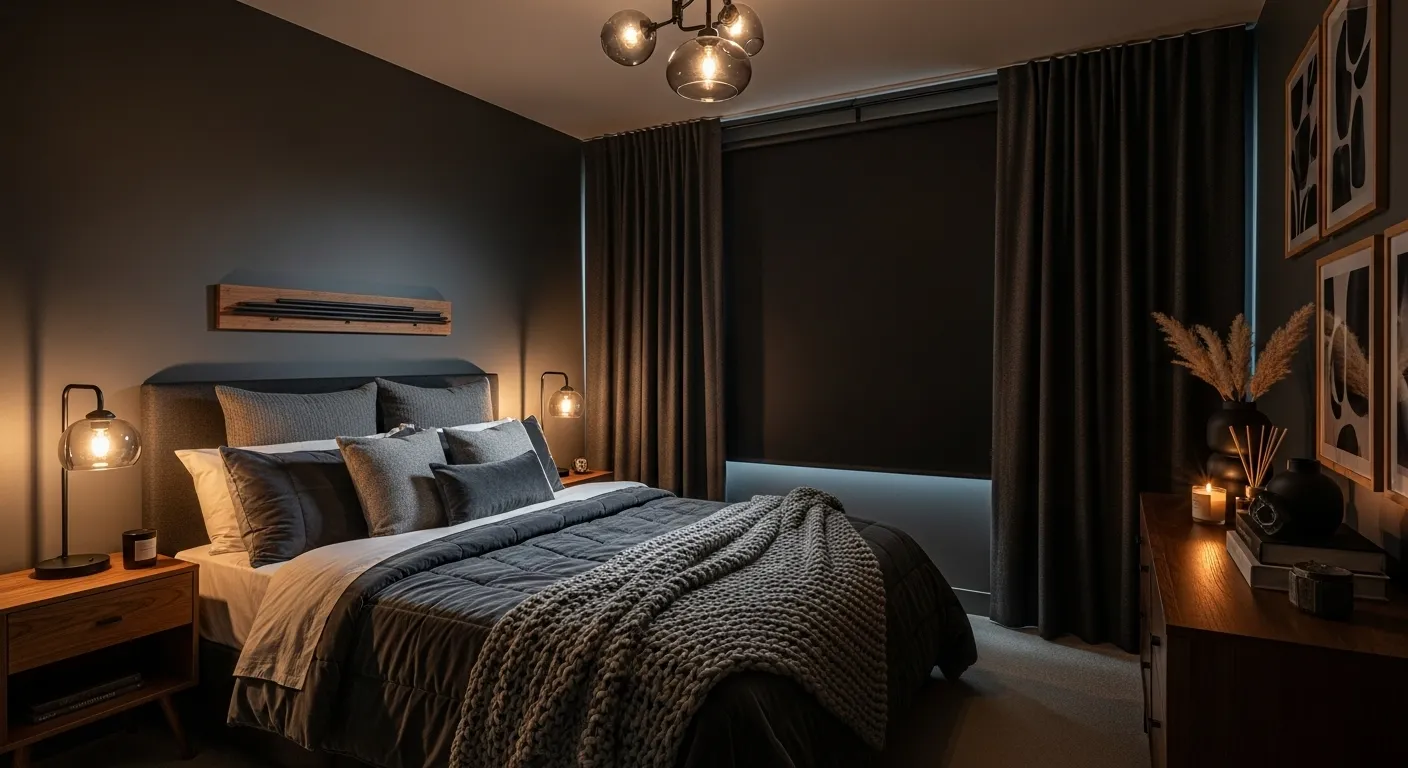 Dark cozy bedroom ideas with warm lighting and layered textures