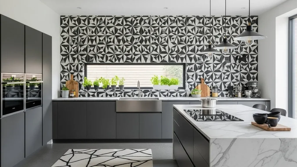 "Bold geometric tile backsplash in kitchen"