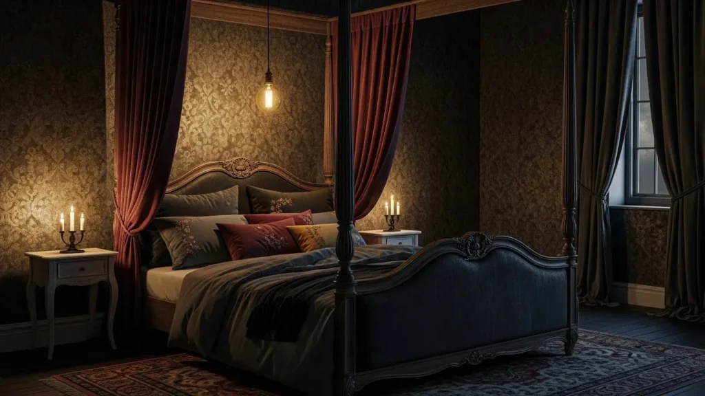 Textured wallpaper in moody bedroom