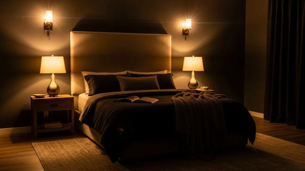 Warm lighting in a moody bedroom