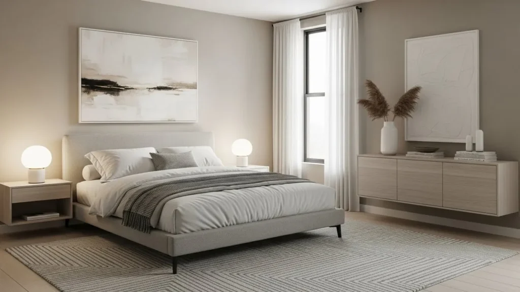 Greige bedroom wall color with modern neutral decor