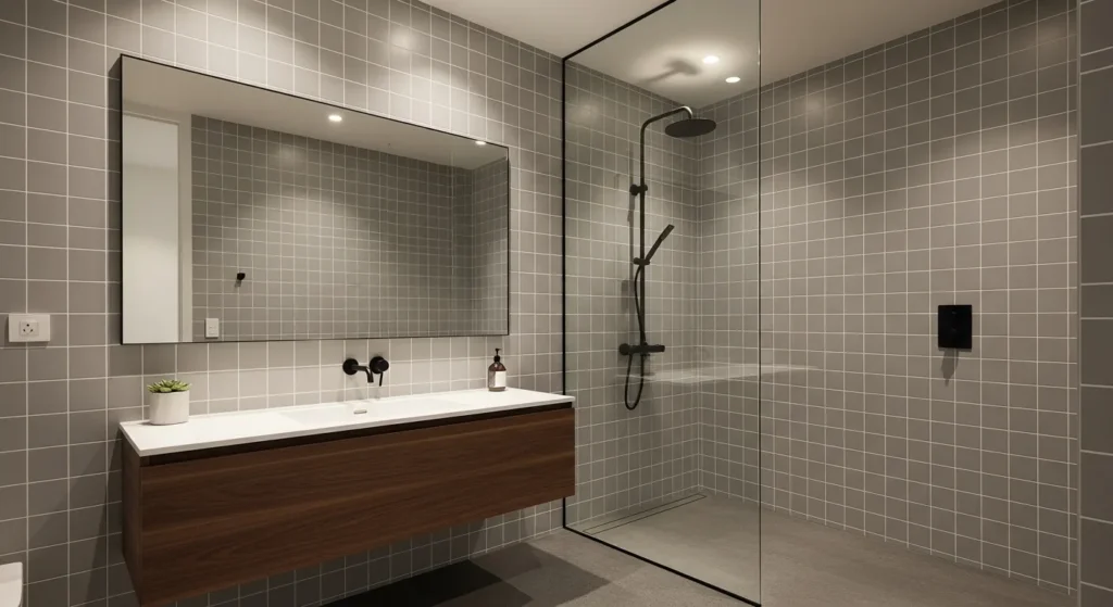 Gray tiled bathroom with subway tiles