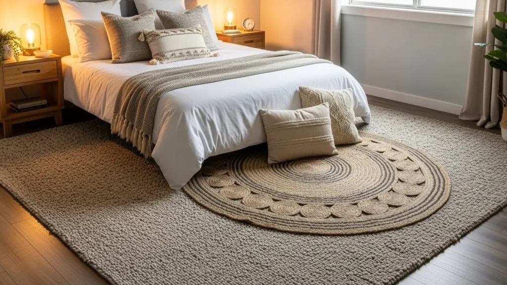 Bedroom with layered wool and jute rugs