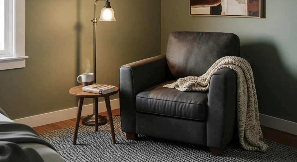 Dark cozy bedroom reading corner