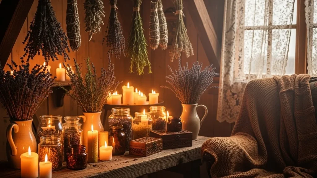 Cozy scented candles in cottagecore decor