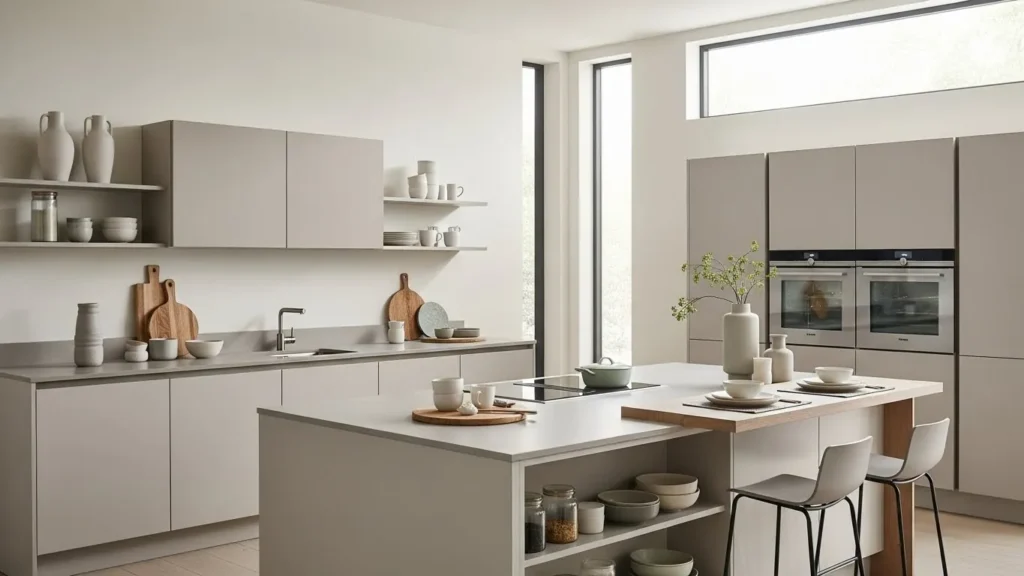 Open kitchen with cohesive neutral color palette