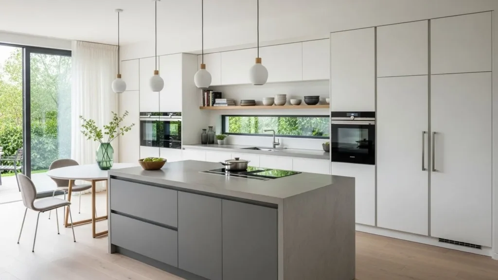Gray kitchen island creating a focal point in a modern kitchen
