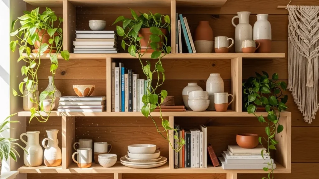 Casual open shelving styled in boho decor