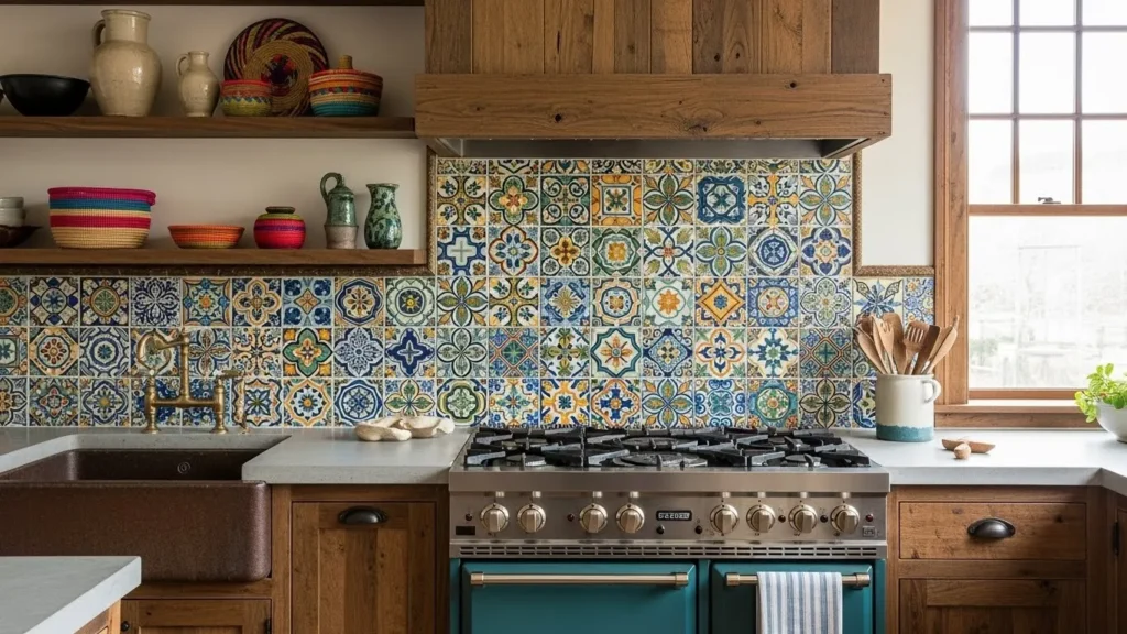 "Hand-painted tile backsplash for unique kitchen style"