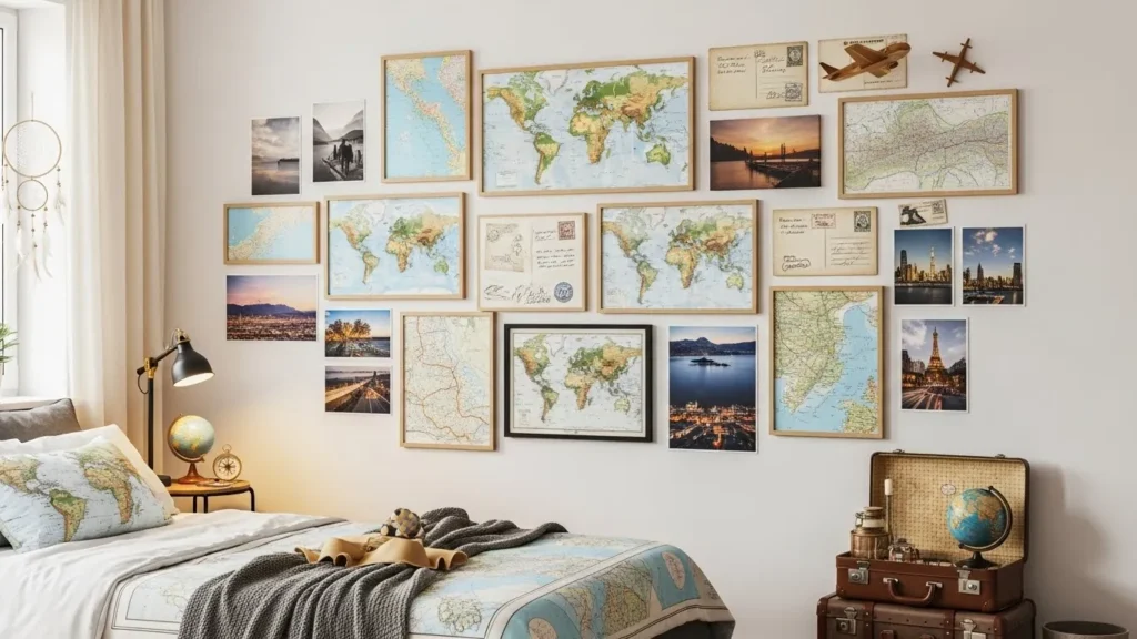 Travel themed bedroom gallery wall ideas
