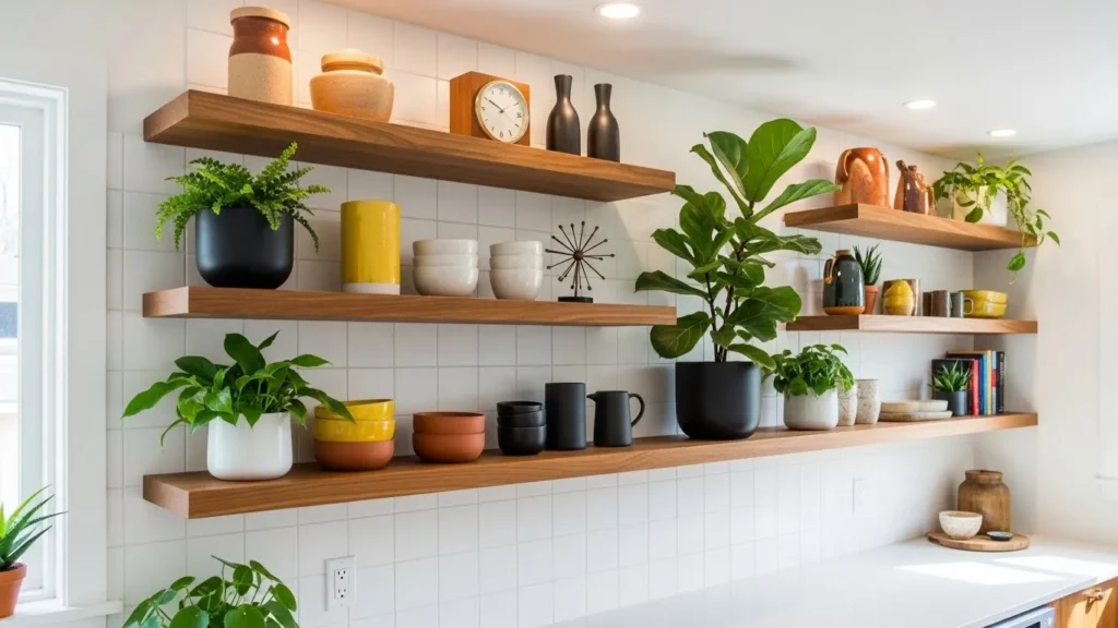 Open shelving in mid century modern kitchen