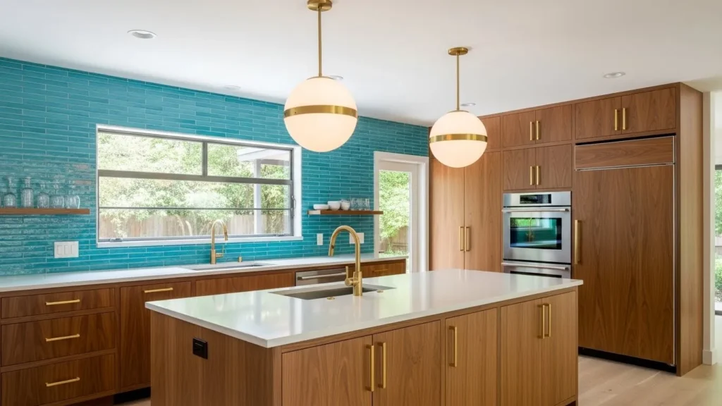Statement pendant lighting in mid century modern kitchen