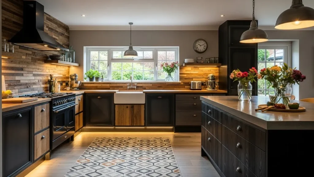 Kitchen with patterned rug and textured walls