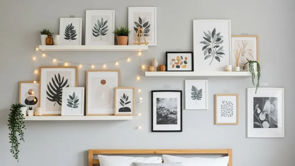 Bedroom gallery wall with shelves
