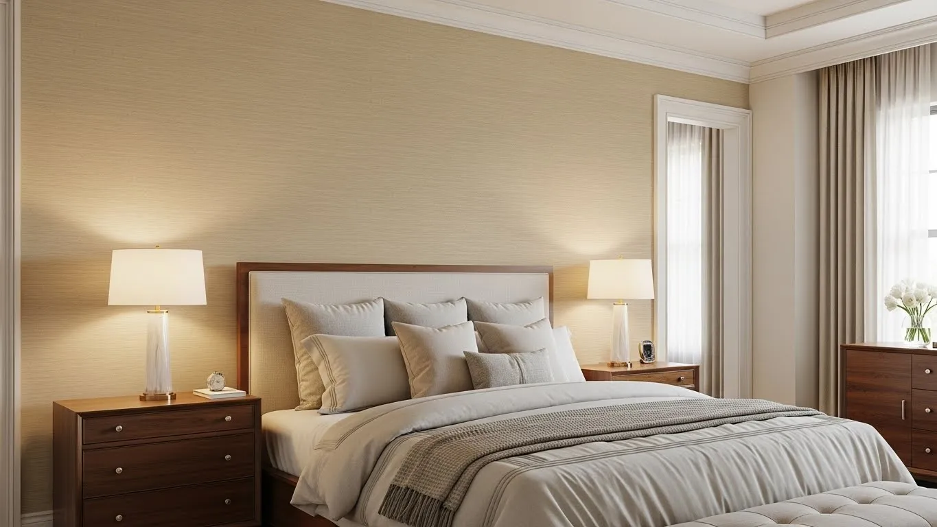 Grasscloth wallpaper accent wall adding texture to a luxury bedroom