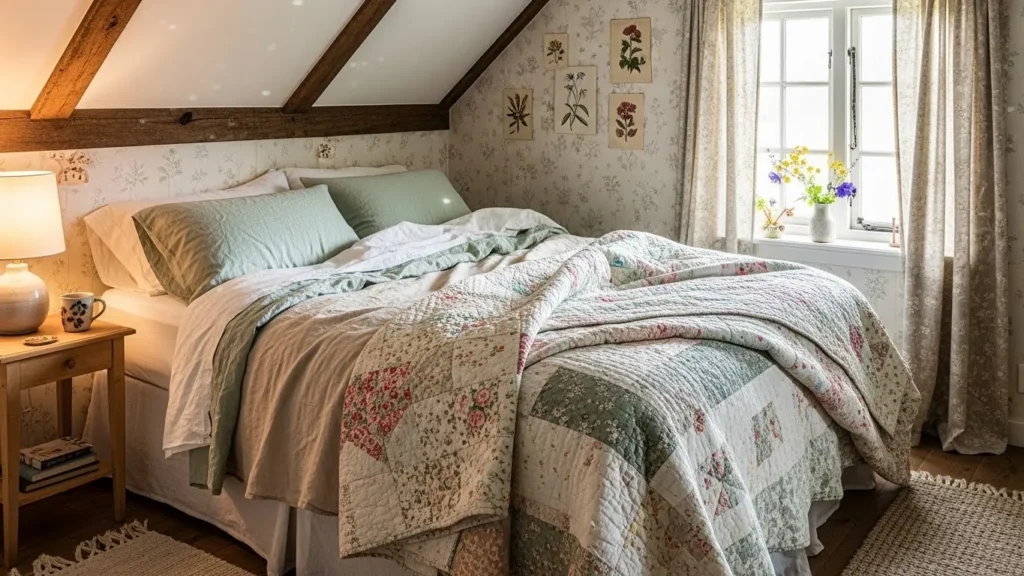 Cozy layered bedding in cottagecore bedroom